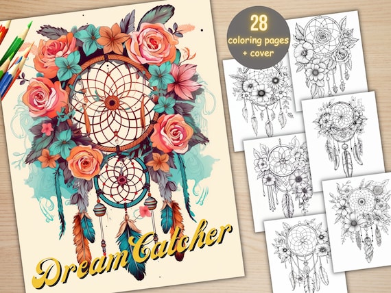 28 Floral Dream Catchers Coloring Book, Printable Fantasy Bohemian Dreamcatcher Coloring Pages, Grayscale Coloring Book for Adults and Kids