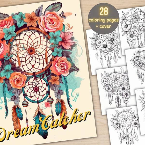 28 Floral Dream Catchers Coloring Book, Printable Fantasy Bohemian Dreamcatcher Coloring Pages, Grayscale Coloring Book for Adults and Kids