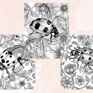 40 Spring Ladybugs Coloring Book, Printable Floral Ladybirds Coloring Pages, Grayscale Spring Flowers Insect Coloring Book for Adults Kids