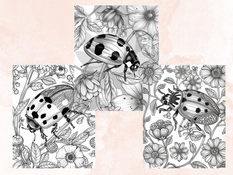 40 Spring Ladybugs Coloring Book, Printable Floral Ladybirds Coloring Pages, Grayscale Spring Flowers Insect Coloring Book for Adults Kids