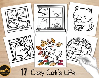 Bold and Easy Coloring Book, Cute Cat Life Coloring Pages, Cozy Animals Coloring, Relaxing Activity for Adults and Kids, Stress Relief