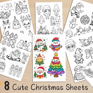 May include: Eight black and white printable coloring pages featuring cute Christmas characters and objects. The pages include a snowman, Santa Claus, reindeer, Christmas trees, and more.
