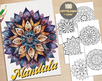 100 Mandala Coloring Book, Printable Stress Relief Patterns Coloring Pages, Simple Mandala Flowers Coloring Book for Adults, Easy Coloring