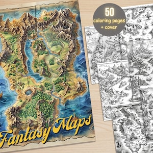 50 Fantasy Map Malbuch, druckbare PDF, Vintage Karte Landschaft Landschaft, detailliertes Graustufen Malbuch für Erwachsene