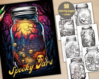 50 Spooky Jars Coloring Book, Printable Gothic Creepy Skull in a Jar Coloring Pages, Dark Fantasy Grayscale Horror Coloring Book for Adults