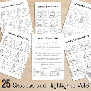 Może przedstawiać: Kilka kartek białego papieru z czarnymi rysunkami linii lamp, świec i mebli, zatytułowanych "Shadows & Highlights". Tekst "25 Shadows and Highlights Vol3" znajduje się na dole. Obraz zawiera dłoń trzymającą ołówek.