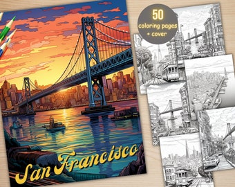 50 San Francisco City Coloring Book, Printable PDF, Cafe Scenes Coloring Pages, Street Landscape Grayscale Coloring Book for Adults and Kids