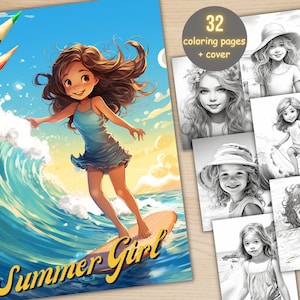 32 Summer Girl Coloring Book, Printable PDF, Little Cute Beach Holiday Girls Coloring Pages, Grayscale Coloring Book for Adults and Kids