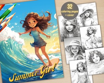May include: A coloring book with 32 pages and a cover featuring a girl surfing on a wave. The cover has the text "Summer Girl" in a stylized font. The book includes black and white illustrations of girls in various summer scenes.