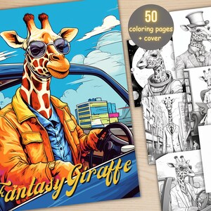 50 Fantasy Giraffe Coloring Book, Printable Secret Life of Giraffe Coloring Pages, Grayscale Cute Animal Coloring Book for Adults and Kids
