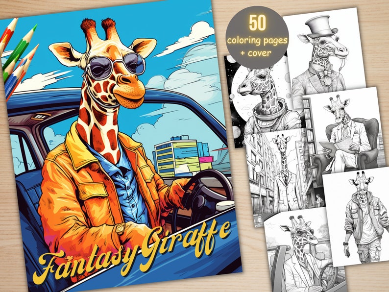 50 Fantasy Giraffe Coloring Book, Printable Secret Life of Giraffe Coloring Pages, Grayscale Cute Animal Coloring Book for Adults and Kids
