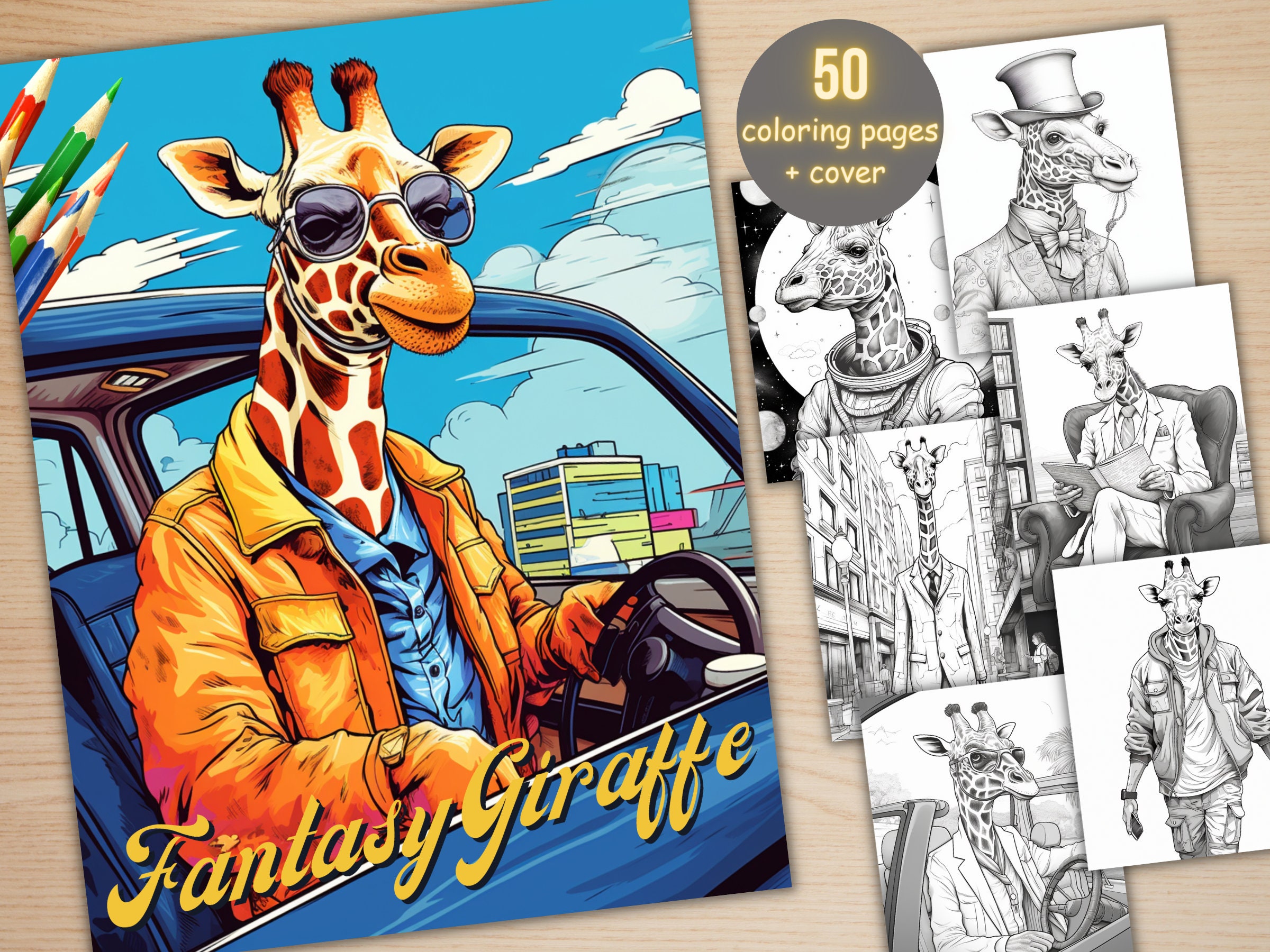 50 Fantasy Giraffe Coloring Book, Printable Secret Life of Giraffe Coloring Pages, Grayscale Cute Animal Coloring Book for Adults and Kids