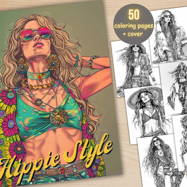 50 Hippie Stil Mädchen Malbuch, druckbare PDF, Boho Mode Frauen Malseiten, Graustufen Boho Malbuch für Erwachsene und Kinder