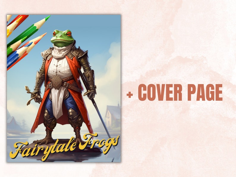 May include: A green frog wearing a red and white knight's costume with a sword in its hand. The frog is standing on a rock with the text "Fairytale Frogs" below it. The background is a blue sky with white clouds.