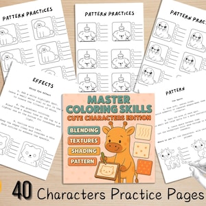 Könnte beinhalten: Eine Sammlung von Malvorlagen und ein Leitfaden für "Meister Coloring Skills: Cute Characters Edition". Die Seiten zeigen verschiedene Cartoon-Tiere und Muster zum Üben. Das Cover zeigt eine Giraffe, die eine Zeichnung hält. Der Text lautet "40 Characters Practice Pages."
