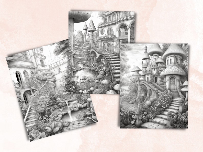 May include: Three black and white illustrations of whimsical fairytale houses with gardens and staircases. The houses are made of stone and wood and have intricate details. The gardens are lush and green with flowers and trees. The staircases are winding and lead up to the houses.
