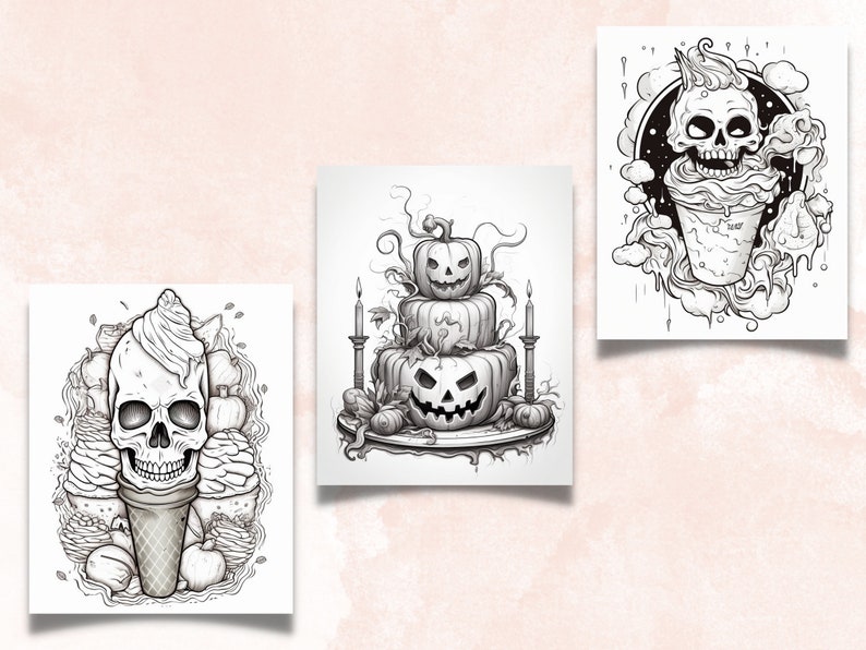 50 Halloween Treats Coloring Book, Printable Pumpkin Dessert and Drink Coloring Pages, Grayscale Halloween Sweets Coloring Book for Adults