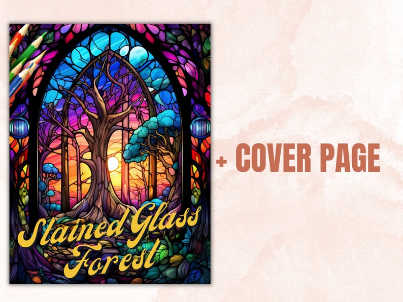 55 Stained Glass Forest Coloring Book, Printable Enchanted Forest Scenes Coloring Pages, Grayscale Magical Woodland Coloring Book for Adults