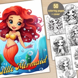 50 Cute Little Mermaid Coloring Book, Printable Enchanted Underwater Coloring Pages, Grayscale Ocean Life Coloring Book for Adults and Kids