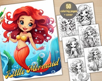 50 Cute Little Mermaid Coloring Book, Printable Enchanted Underwater Coloring Pages, Grayscale Ocean Life Coloring Book for Adults and Kids