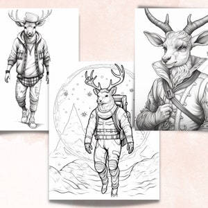50 Fantasy Deer Coloring Book, Printable Secret Life of Deer Coloring Pages, Grayscale Reindeer Cute Animal Coloring Book for Adults and Kid