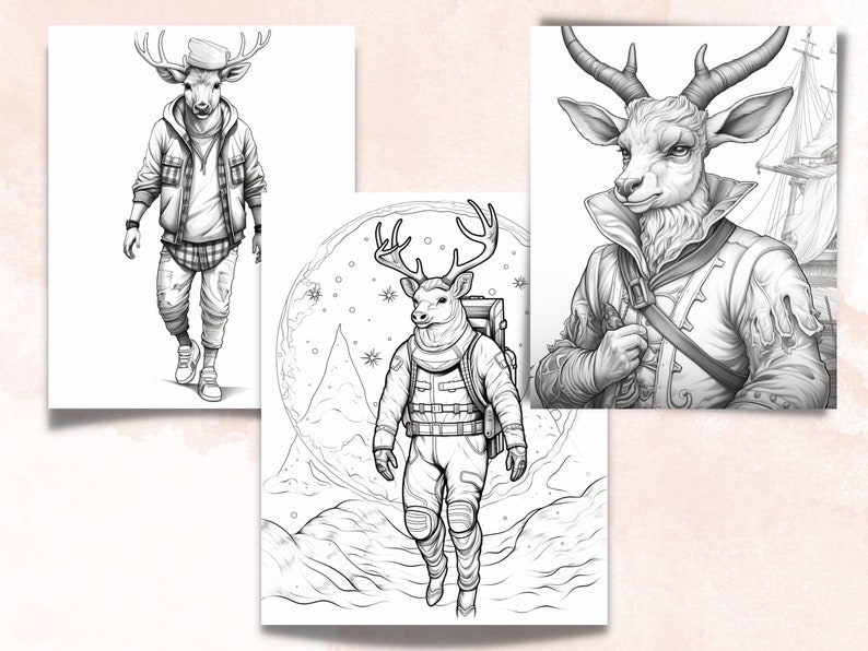 50 Fantasy Deer Coloring Book, Printable Secret Life of Deer Coloring Pages, Grayscale Reindeer Cute Animal Coloring Book for Adults and Kid