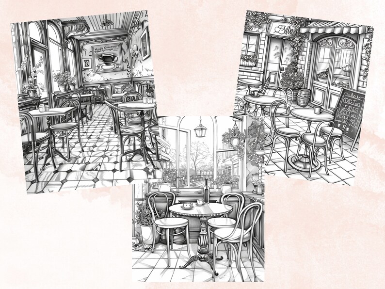 50 Cozy Cafe Scenes Coloring Book, Printable French Cafe Interior ...