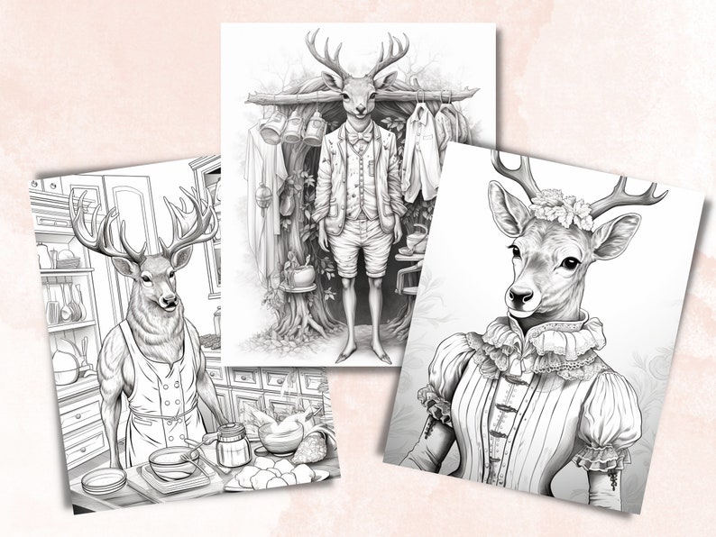 50 Fantasy Deer Coloring Book, Printable Secret Life of Deer Coloring Pages, Grayscale Reindeer Cute Animal Coloring Book for Adults and Kid