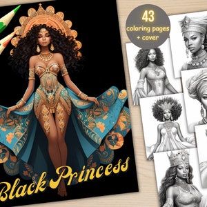 43 Fantasy Black Princess Queen Women Coloring Book, Printable PDF, Afro African Girls Coloring Pages, Grayscale Coloring Book for Adults