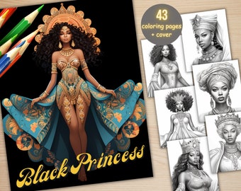 43 Fantasy Black Princess Queen Women Coloring Book, Printable PDF, Afro African Girls Coloring Pages, Grayscale Coloring Book for Adults