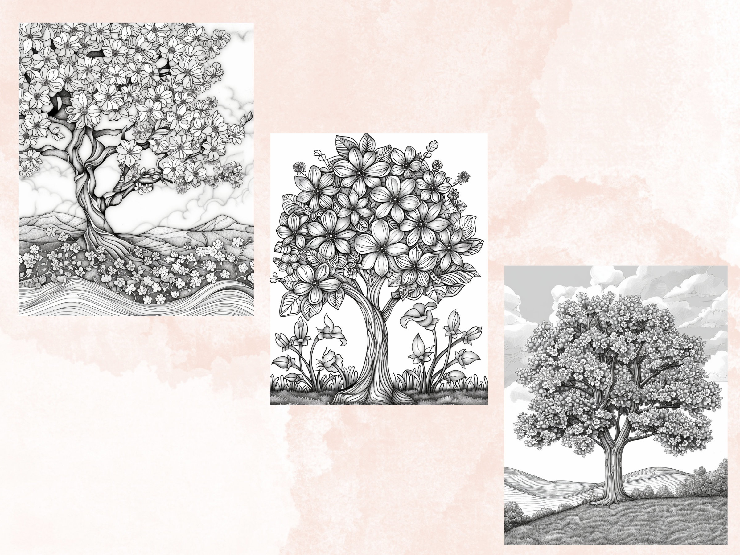 45 Spring Tree Coloring Book, Printable Floral Woodland Tree Coloring ...