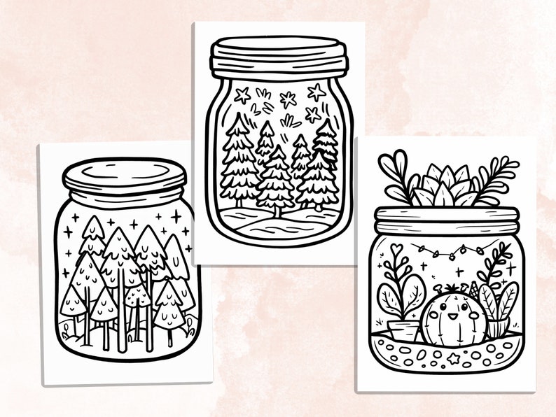 Bold and Easy Coloring Book, Cute Kawaii Forest Jar Coloring Pages, Enchanted Forest Scenes Coloring, Relaxing Activity for Adults and Kids