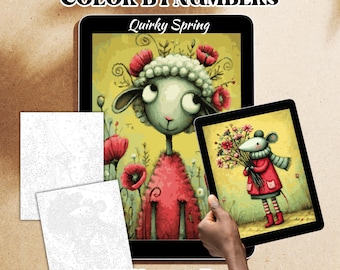 May include: Digital color-by-numbers kit with the text "COLOR BY NUMBERS" and "Quirky Spring". The image shows a tablet with a sheep illustration and a tablet with a mouse illustration. Two blank pages are also visible. The text "10 Different Pages" is also visible.