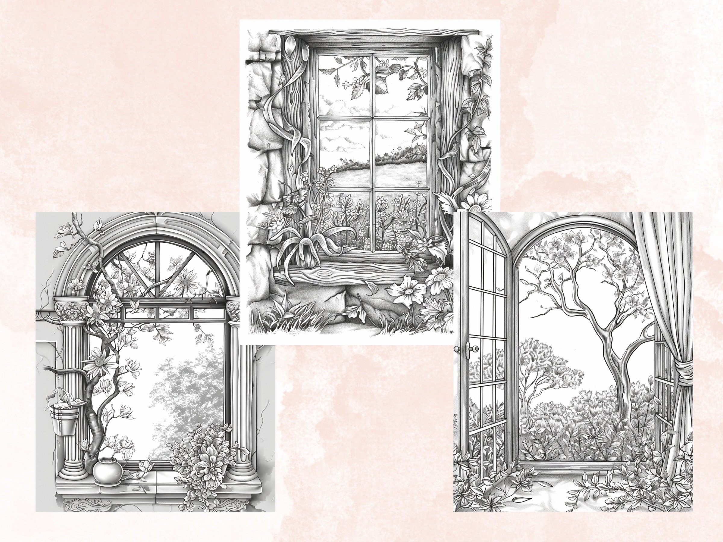 50 Spring Windows Coloring Book, Printable Floral Window Coloring Pages ...