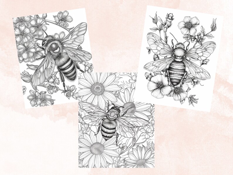 45 Spring Bee Coloring Book, Printable Floral Bee Coloring Pages, Grayscale Spring Flowers Insect Coloring Book for Adults and Kids