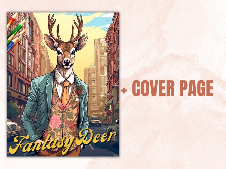 50 Fantasy Deer Coloring Book, Printable Secret Life of Deer Coloring Pages, Grayscale Reindeer Cute Animal Coloring Book for Adults and Kid