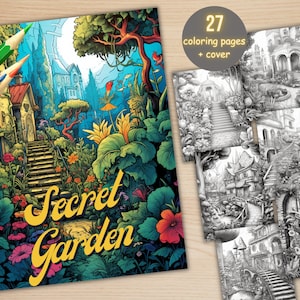 27 Secret Garden Coloring Book, Printable Enchanted Garden Coloring Pages, Grayscale Coloring Book for Adults, Whimsical Magical Designs