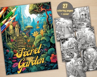 27 Secret Garden Coloring Book, Printable Enchanted Garden Coloring Pages, Grayscale Coloring Book for Adults, Whimsical Magical Designs