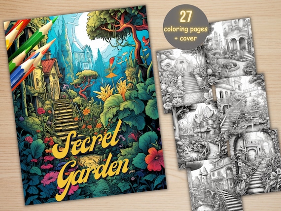 27 Secret Garden Coloring Book, Printable Enchanted Garden Coloring Pages, Grayscale Coloring Book for Adults, Whimsical Magical Designs