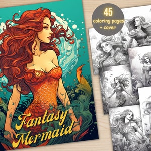 45 Fantasy Mermaid Coloring Book, Printable Enchanted Underwater Coloring Pages, Grayscale Ocean Life Scenes Coloring Book for Adults Kids