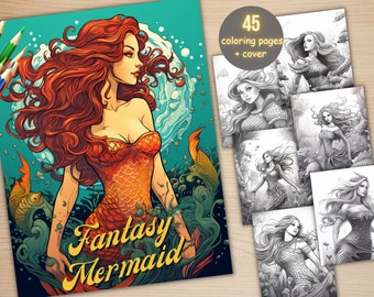 45 Fantasy Mermaid Coloring Book, Printable Enchanted Underwater Coloring Pages, Grayscale Ocean Life Scenes Coloring Book for Adults Kids