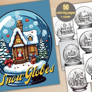 50 Christmas Snow Globes Coloring Book, Printable Xmas Noel Holiday Coloring Pages, Grayscale Christmas Coloring Book for Adults and Kids