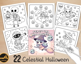 May include: A collection of 22 Celestial Halloween coloring pages. The illustrations feature spooky characters like skeletons, witches, bats, and mummies, along with celestial elements such as moons, stars, and planets. The images are in black and white.