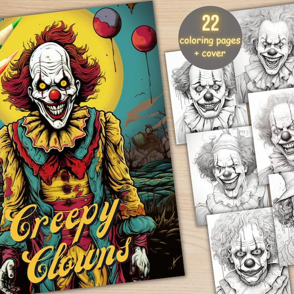 22 Creepy Evil Clowns Coloring Book, Printable PDF, Horror Gothic Circus Clown Coloring Pages, Grayscale Coloring Book for Adults and Kids