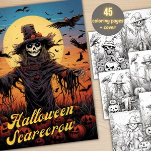 45 Halloween Scarecrow Coloring Book, Printable Cute Creepy Scarecrow Coloring Pages, Grayscale Halloween Coloring Book for Adults and Kids