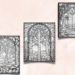 May include: Three black and white stained glass window designs featuring trees and a forest scene. The designs are framed in a black border.