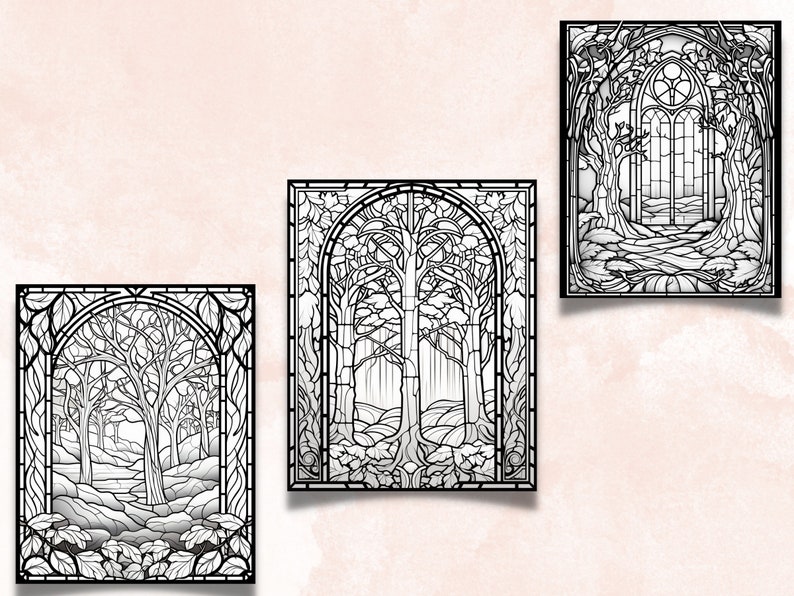 May include: Three black and white stained glass window designs featuring trees and a forest scene. The designs are framed in a black border.