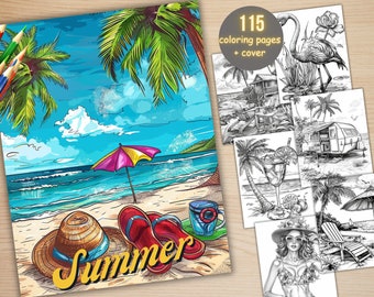 115 Summer Bundle Coloring Book, Printable Summer Beach Scenes Coloring Pages, Grayscale Tropical Holiday Coloring Book for Adults Kids