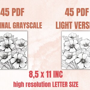 45 Violet Flowers Coloring Book, Printable PDF, Botanical Floral Plant Coloring Pages, Fantasy Grayscale Coloring Book for Adults and Kids