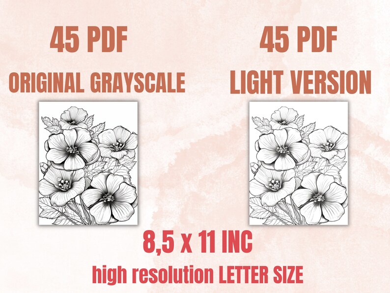 45 Violet Flowers Coloring Book, Printable PDF, Botanical Floral Plant Coloring Pages, Fantasy Grayscale Coloring Book for Adults and Kids